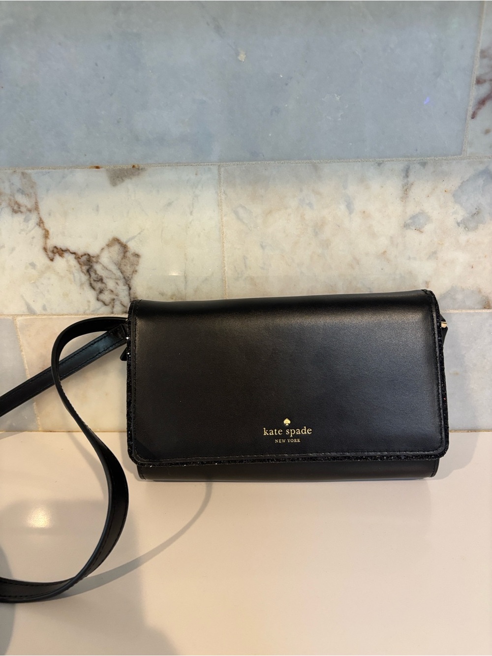 kate spade Black Leather Crossbody Wallet with Glitter Trim